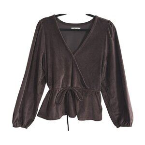 MADEWELL Women Ribbed Velour Peplum Top Long Sleeve V Neck Sz L Brown 1a-14